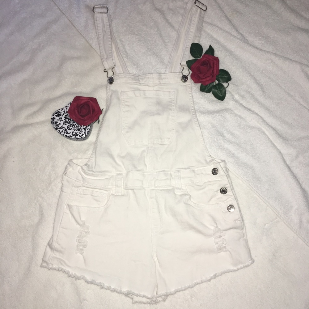 Forever 21 Ripped White Denim Overalls